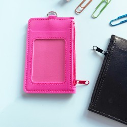 Double Pocket Card Holder Vertical With Zip-Hot Pink