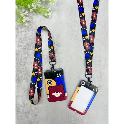 CARD HOLDER & LANYARD SET BLACK BROWN BEAR